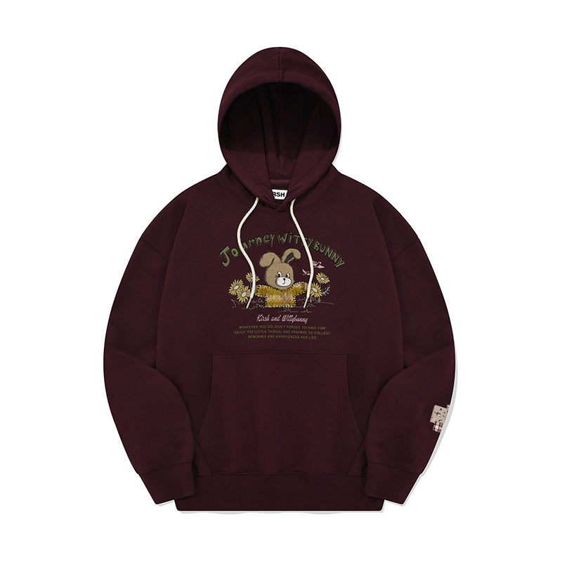 WITTY BUNNY PATCHWORK GRAPHIC NAPPING HOODIE【BURGANDY】