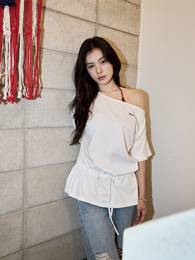 ハーフ オフショルダーウエスト ストリングTシャツ【チャコール】