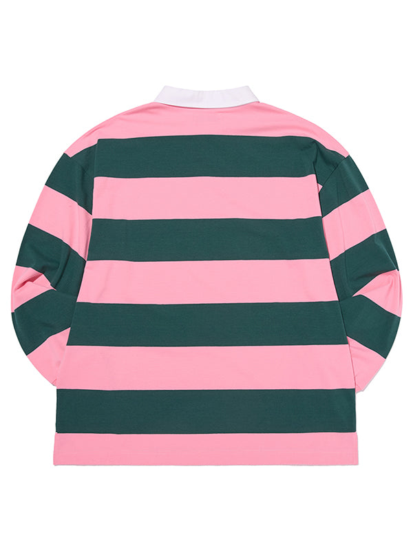 ストライプラグビールーズフィットTシャツ【ピンク】